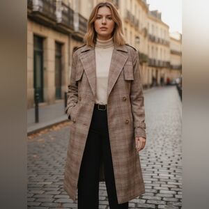 FANCO Plaid Trench-Style Jacket Coat with Pleated Back. Tan Multi Size Medium